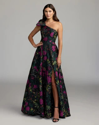 Petite Black One Shoulder Brocade Floral Gown With Bow | Mac Duggal