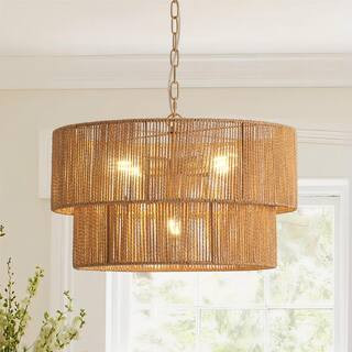 GoYeel 5-Light Yellow Bohemian Drum Hanging Pendant Light with 2-Tier Woven Shade PL7505YL - The ... | The Home Depot