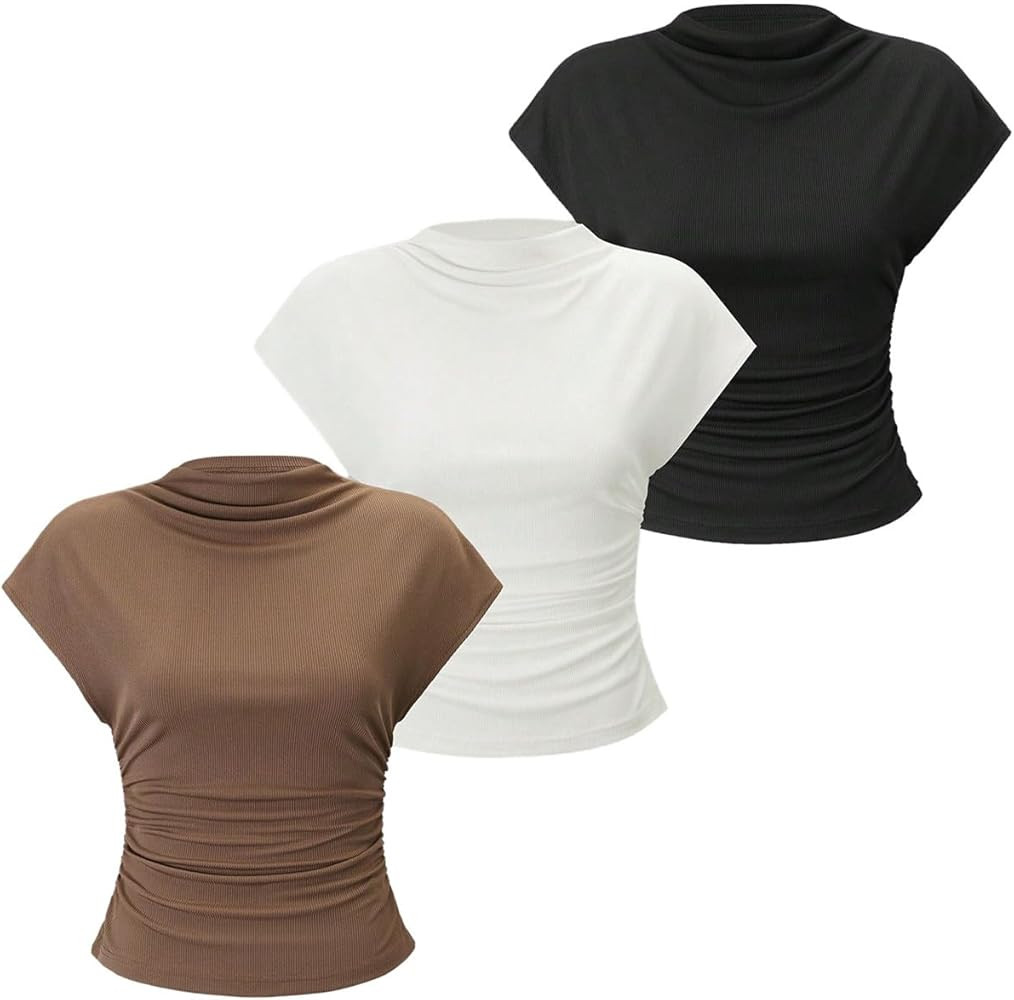 OYOANGLE Women's 3 Pack Business Casual Outfits Mock Neck Ribbed Tank Tops Work Shirts | Amazon (US)