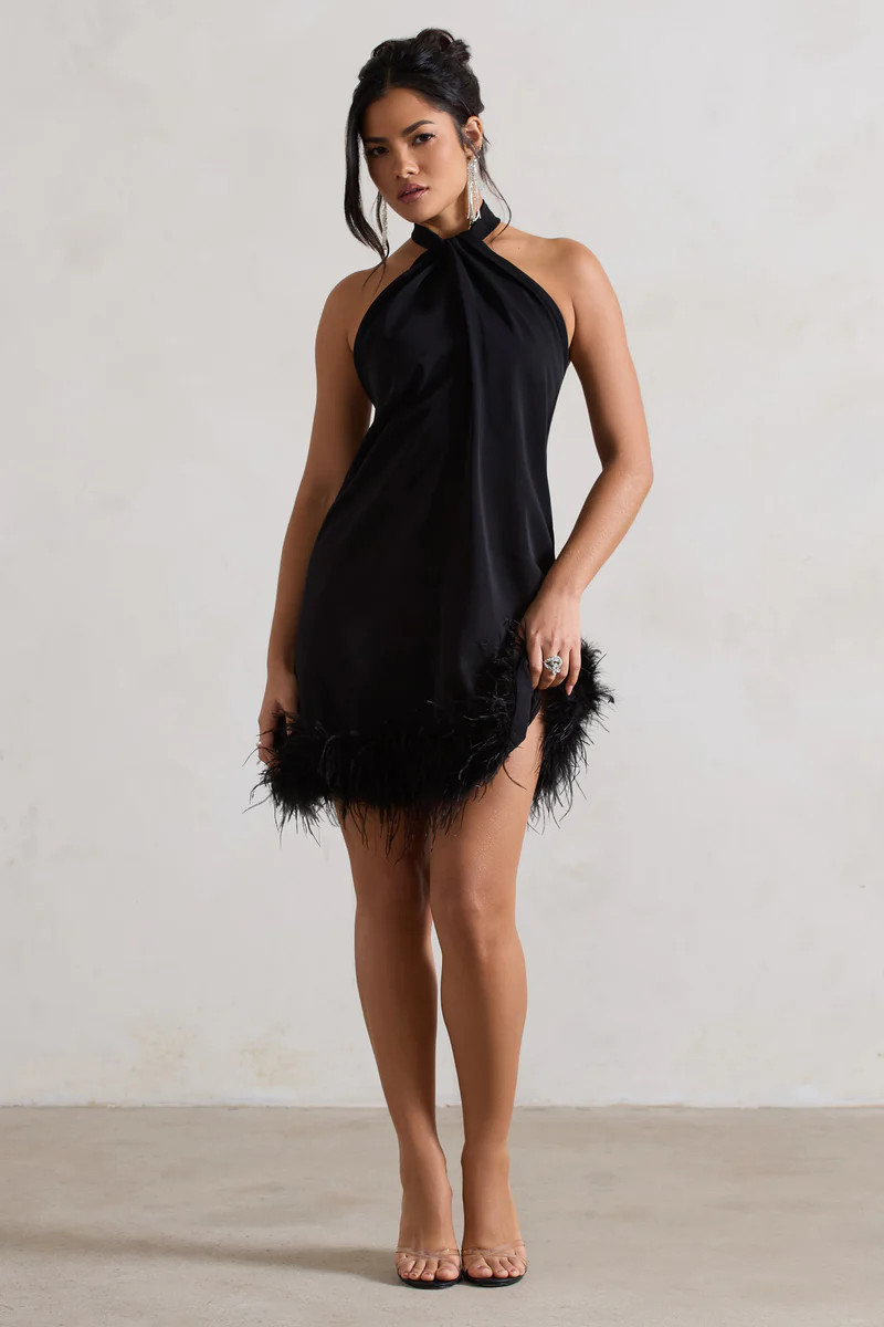 Femme | Black Halter-Neck Smock Mini Dress With Feather Hem | Club L London