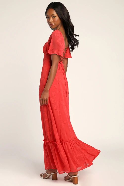 Tailor Made For You Coral Jacquard Lace-Up Maxi Dress | Lulus (US)