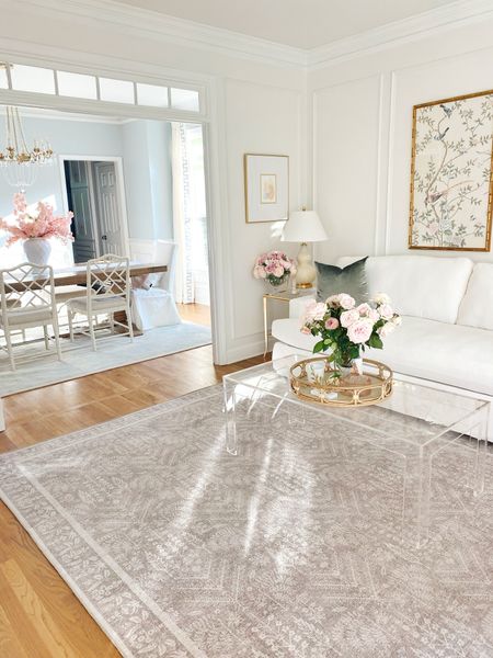 Loloi rifle paper co, acrylic coffee table, Ballard designs area, rug slipcovered sofa, pottery barn, Etsy hand painted chinoiserie panels velvet, throw pillow farmhouse, dining table, Parsons chair, cherry, blossoms, chandelier, Turkish custom oushak 

#LTKhome