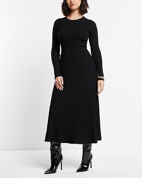 Long Sleeve Pleated Ribbed Midi Sweater Dress | Express