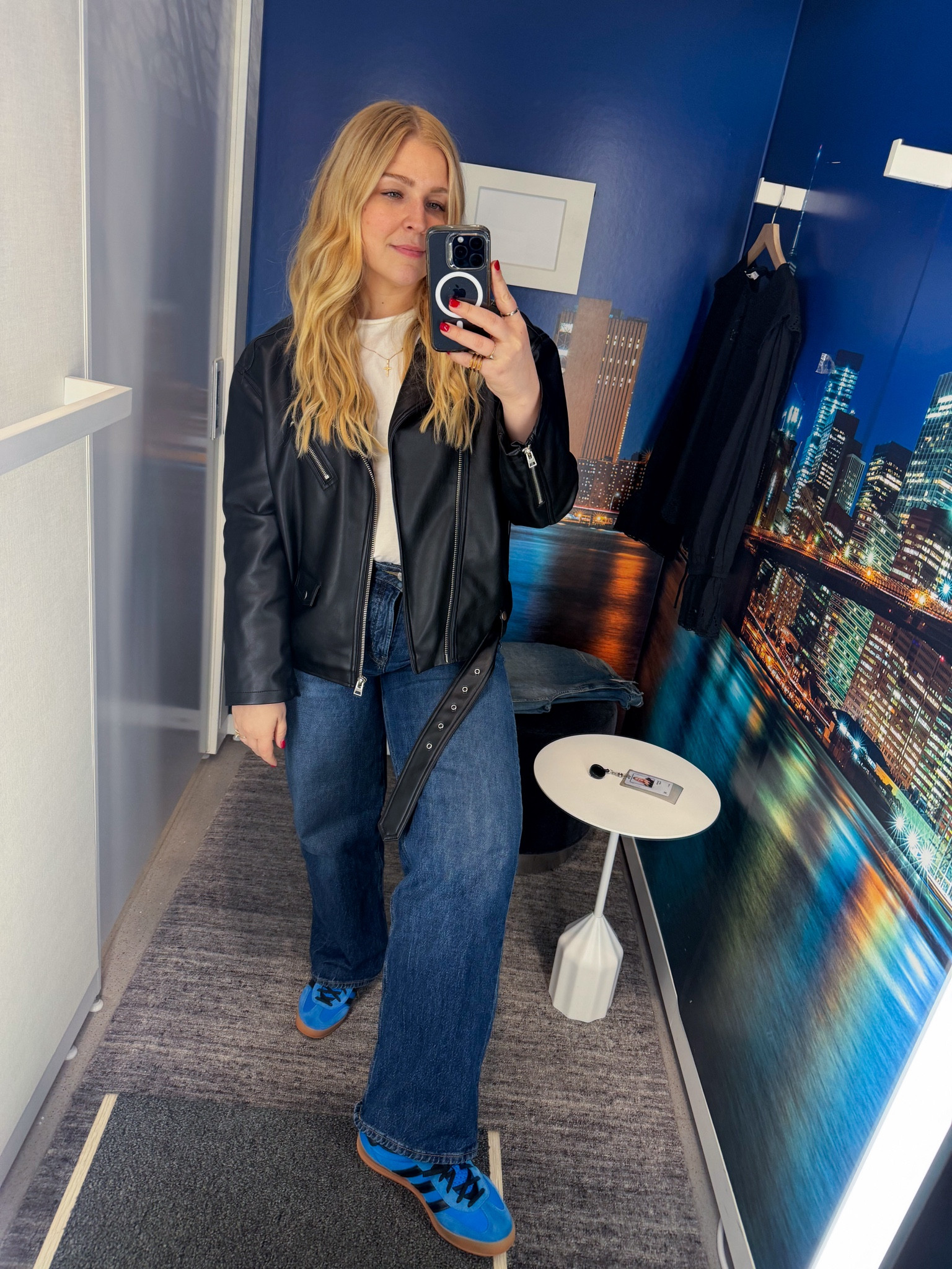 Jeans: Old Navy (linked exact) 
Jacket: Topshop (linked exact)
Shoes: Adidas Men’s, must convert sizing, I can help (linked exact) 
Rings: various, linked my pinkie ring
Tshirt: H&M linked 