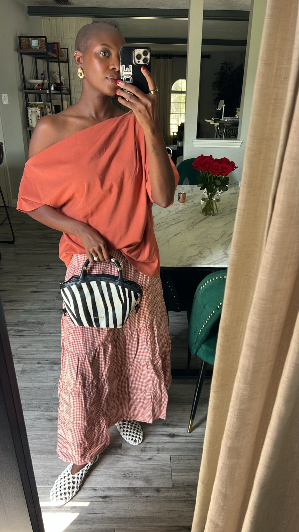 The softest spring summer outfit! Of the shoulder tee (comes in more colors) I’m wearing a small. Orange plaid linen skirt, white woven ballet flats and zebra print purse.

#LTKmomlife #LTKgrwm #LTKMothersDay