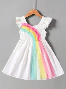 SHEIN Young Girl's Colorful Mesh Rainbow Pattern Cap Sleeve Dress, Summer Vacation | SHEIN