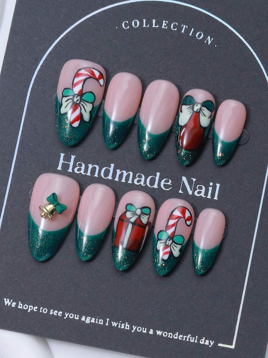 10pcs/Set Press On Fingernail, Almond Shaped Nail Piece, Christmas Theme, Hand Painted Gift Box W... | SHEIN
