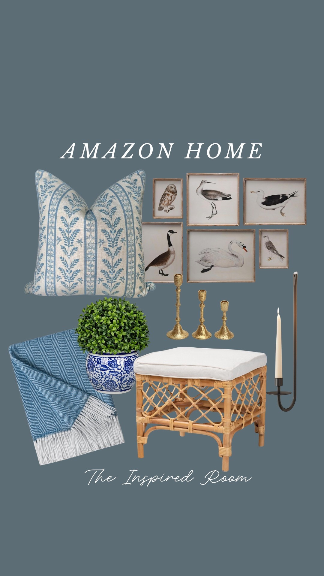 Newly added to my Amazon storefront - bird art, blue and white pillow, rattan stool, throw blanket, brass candlesticks, metal candle sconce, boxwood topiary in blue and white pot 

#LTKStyleTip #LTKFindsUnder50 #LTKHome