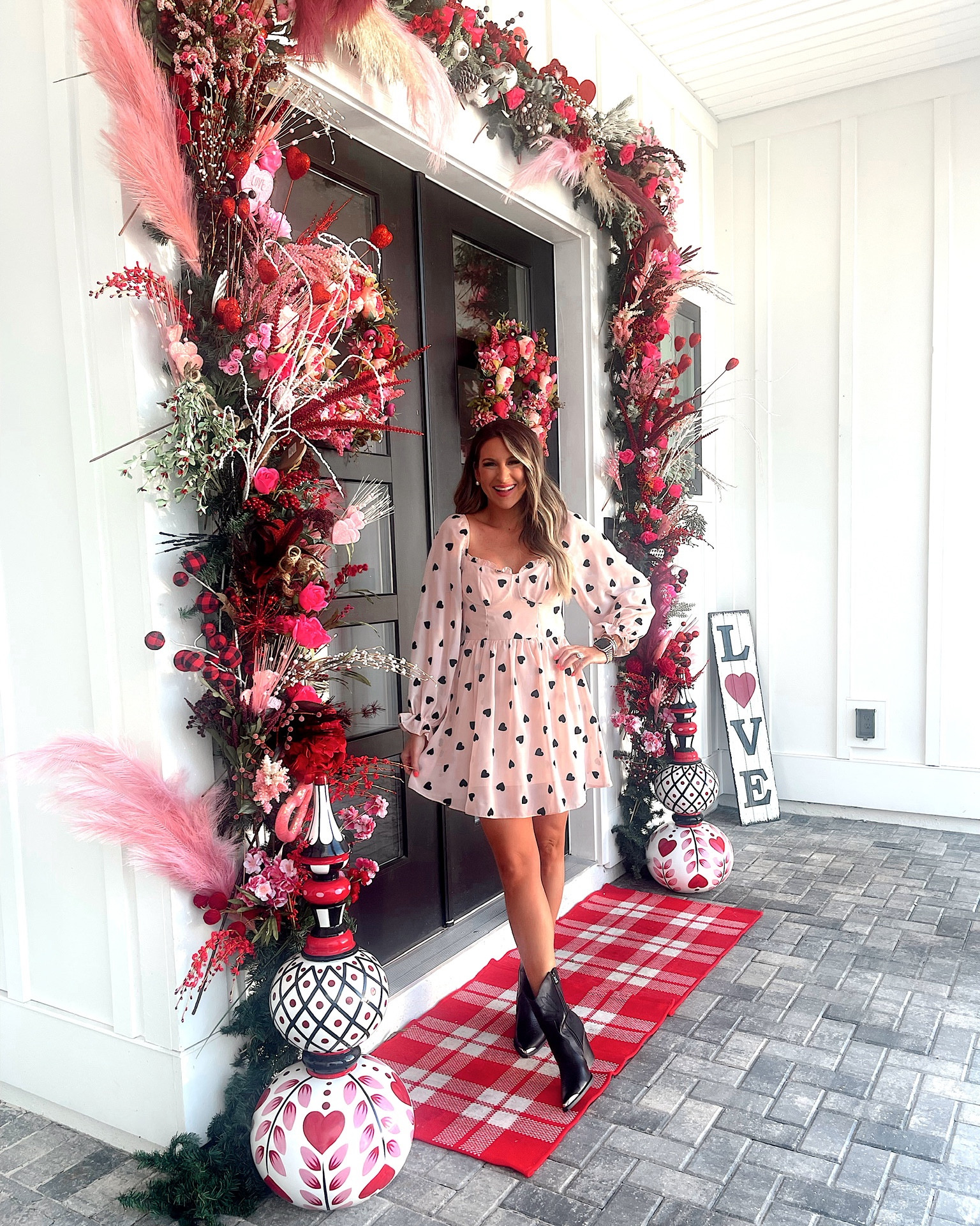 In a small corset flocked heart mini dress from ASOS, earrings and boots from Amazon for Valentine’s Day - all fits TTS.

#LTKstyletip #LTKSeasonal #LTKshoecrush