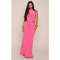 Fuschia Slinky High Neck Drape Detail Backless Maxi Dress | PrettyLittleThing UK
