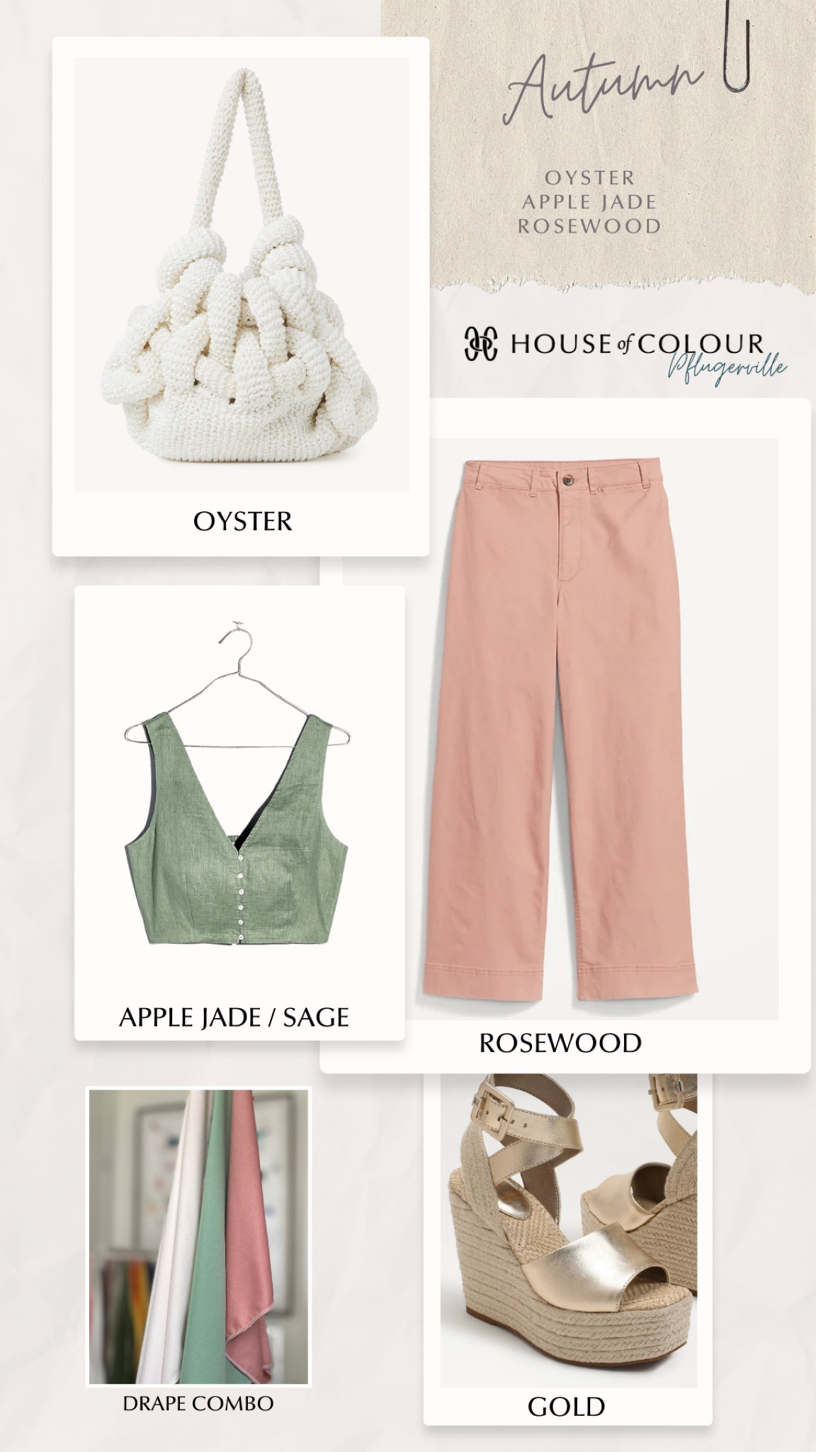 A gorgeous rosewood, sage green, and oyster color combo for our #hocautumn gals! Add a pop of gold in the espadrille and this is a FUN spring look!

House of Colour Autumn
Apple jade top
Sage green top
Oyster handbag
Rosewood cropped pant
Gold espadrille 

#LTKshoecrush #LTKstyletip #LTKunder50