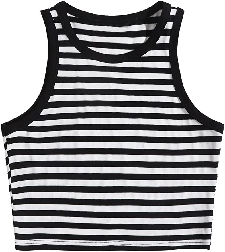 Romwe Women's Rainbow Striped Sleeveless Round Neck Ribbed Tank Crop Top Vest | Amazon (US)