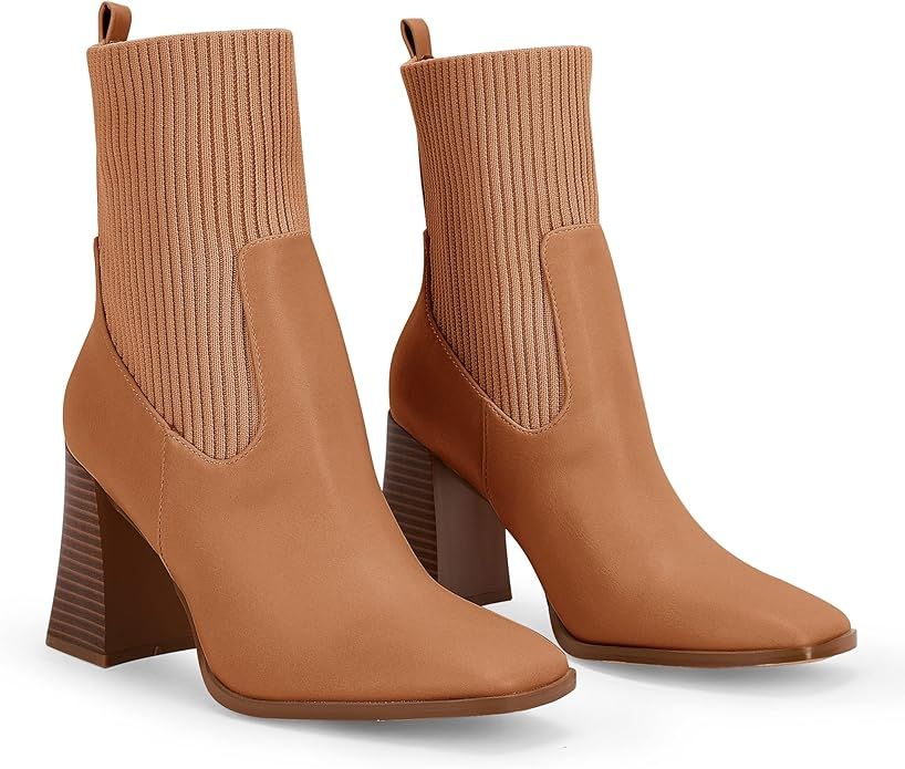 Amazon.com | Coutgo Womens Square Toe Ankle Boots Elastic Side Panels Stacked Block Heel Slip On ... | Amazon (US)