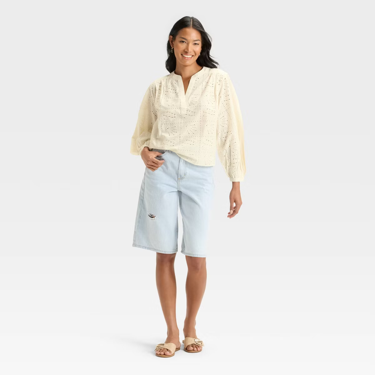 Women's Long Sleeve Eyelet Popover Blouse - Universal Thread™ | Target
