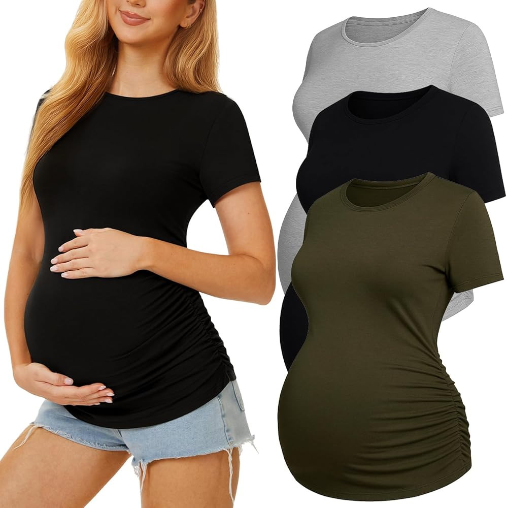 3 Pack Womens Maternity Shirts - Crew Neck Maternity Top Short Sleeve Pregnancy Tee Shirts | Amazon (US)