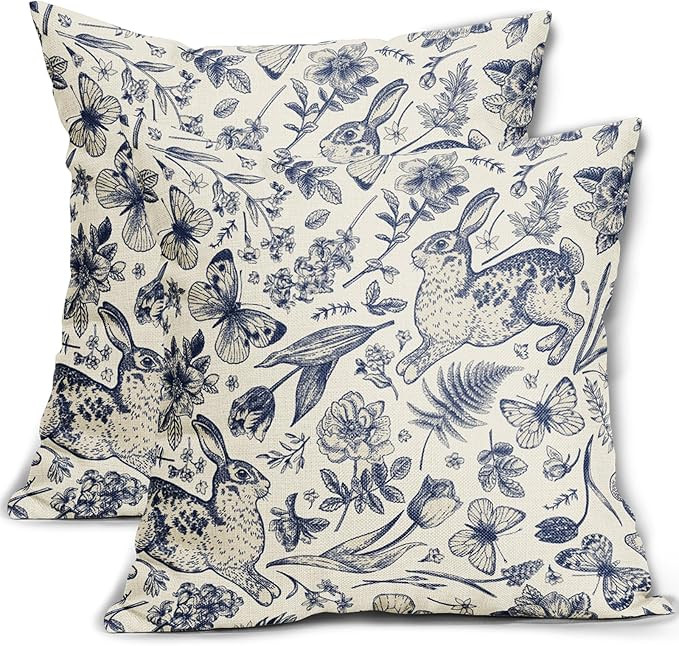 Spring Navy Blue Easter Pillow Covers 18x18 Inch Set of 2 Rabbit Bunny Floral Leaf Butterfly Bota... | Amazon (US)