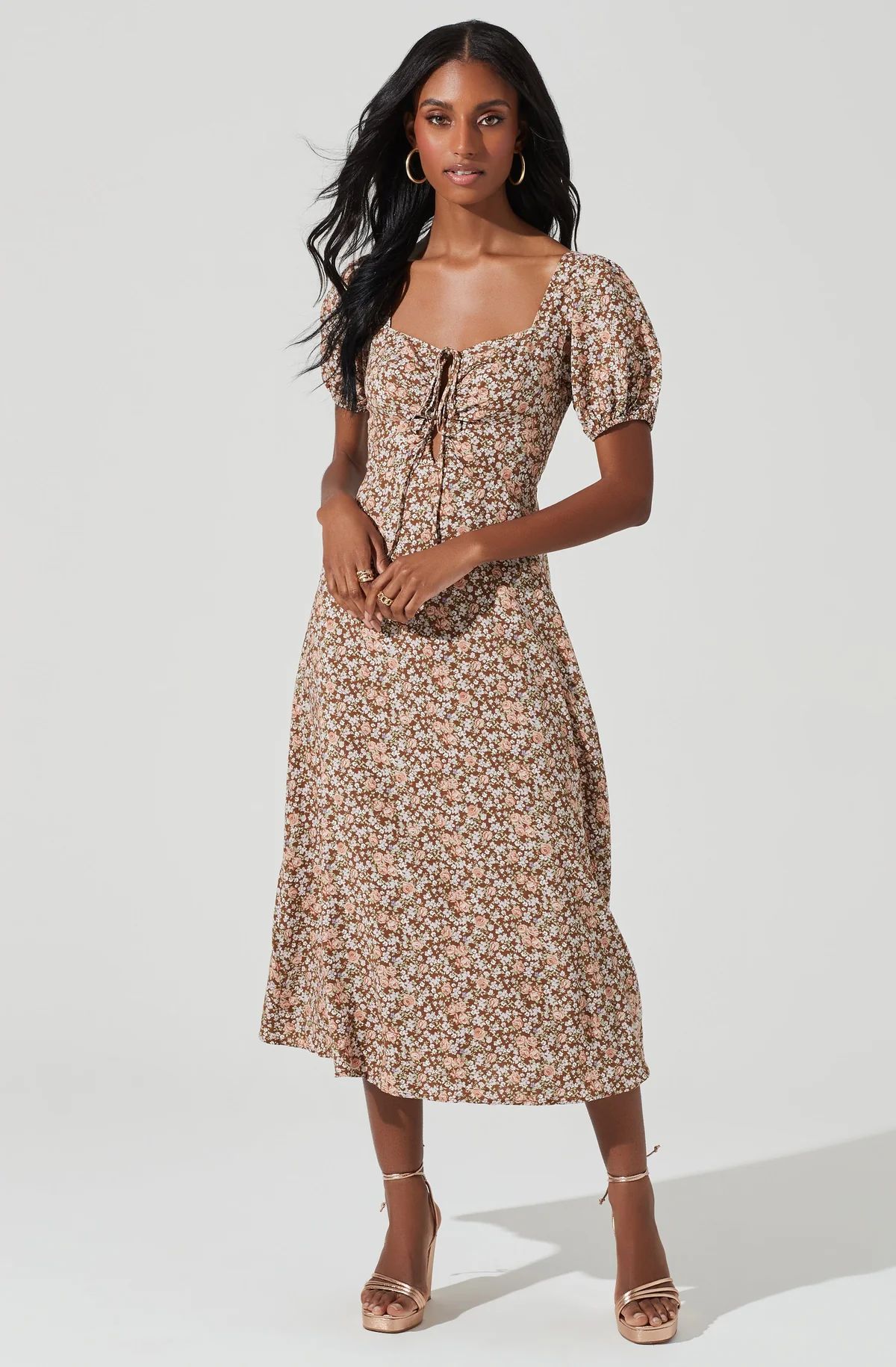 Lace Up Puff Sleeve Floral Midi Dress | ASTR The Label (US)