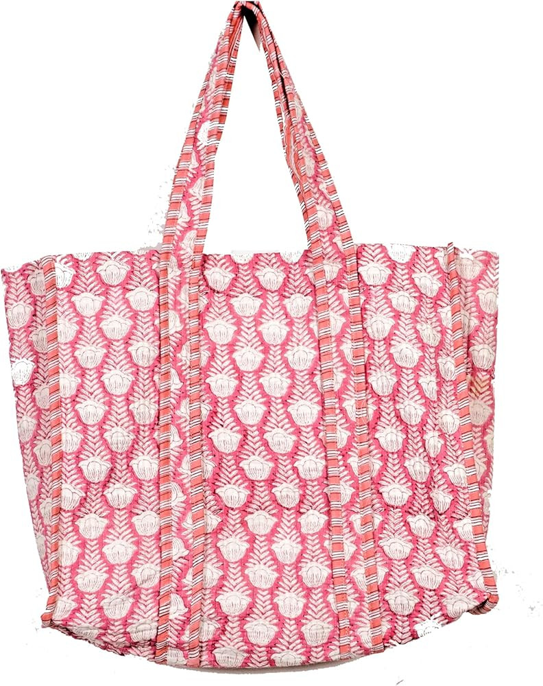 Quilted Cotton Handprinted Reversible Large multicolor Floral Tote Bag | Amazon (US)