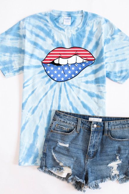 USA Flag Lips Graphic Tie Dye Tee Light Blue PRE-ORDER | The Pink Lily Boutique