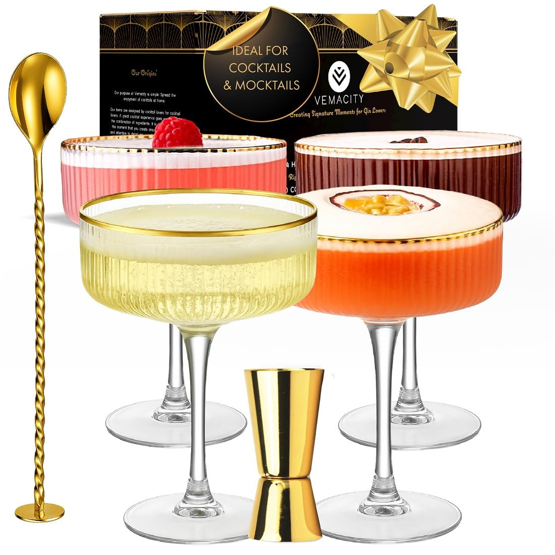 VEMACITY - Ribbed Espresso Martini Glasses Set of 4 with Gold Rims - Vintage Cocktail Glasses for... | Amazon (US)