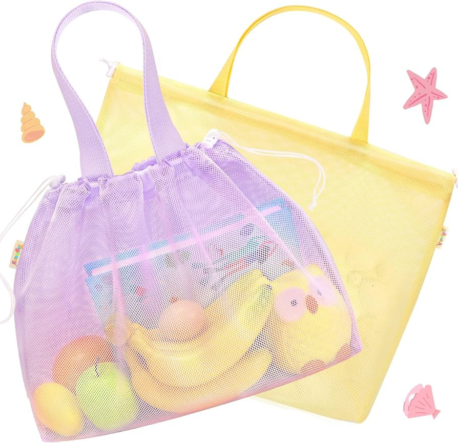 Tagitary Beach Toys Kids Beach Bag Tote with Drawstring,Yellow Purple Mesh Bag Travel Beach Essen... | Amazon (US)