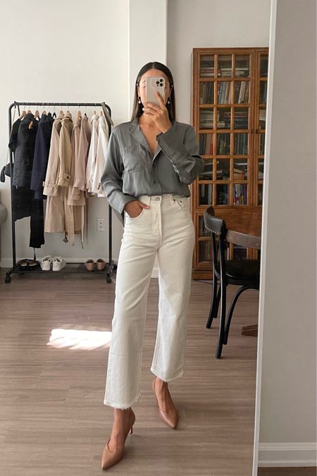 Smart casual / business casual work look / office outfit 

Blouse xs 
Levi’s white jeans - sold out linked my favorite madewell white jeans (I recommend sizing down)
Comfy low heel tts - sold out in this color, linked similar 

#LTKstyletip #LTKworkwear #LTKunder100