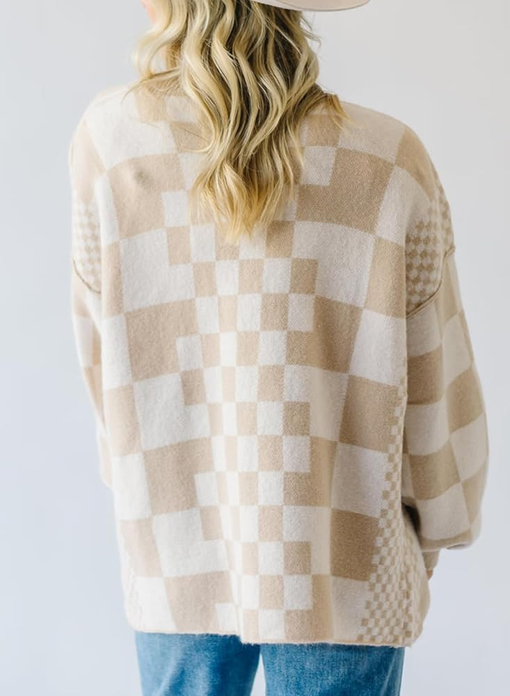 SELINK Women's Cardigan Sweater Vintage Open Front Mixed Checkered Pattern Chunky Knit Plaid Long... | Amazon (US)