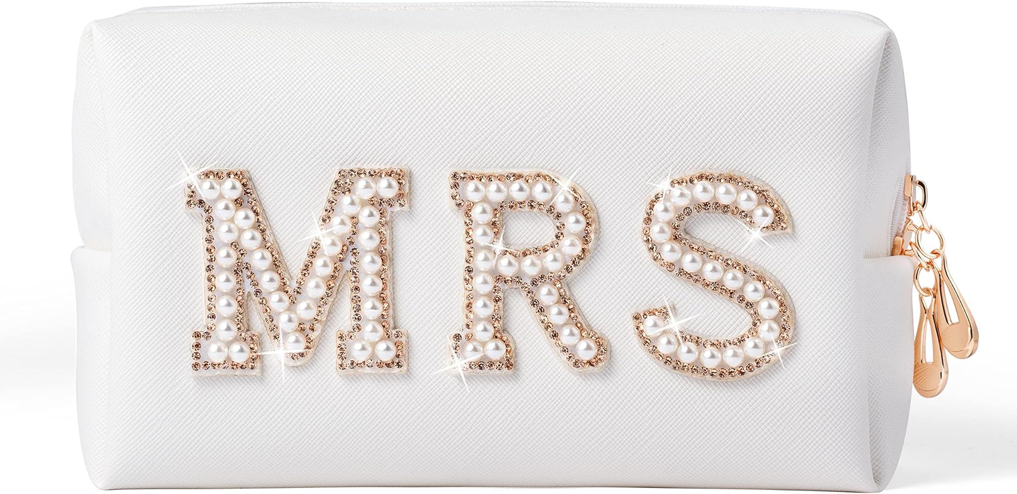 Y1tvei Gold MRS Letter Patch Cosmetic Toiletry Bag Pearl Rhinestone Varsity, PU Leather Bride Mak... | Amazon (US)