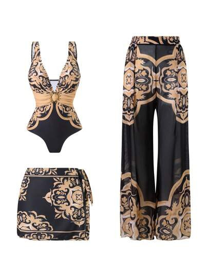 Swim Oasis 2025 New 3Pcs/Set Women Printed One-Piece Swimsuit With Skirt & Mesh Pants, Beach Reso... | SHEIN