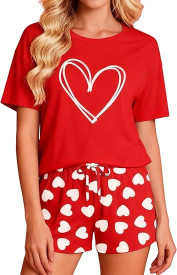 PECHAR Valentine Pajamas Women: Valentines Pjs 2 Piece Short Sleeve Heart Shirts and Pants Sleepw... | Amazon (US)