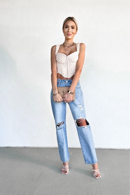 Summer outfit spring break bustier corset revolve jeans and a top sexy 