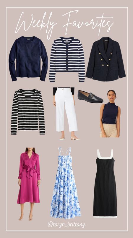 Weekly Favorites over last 2 weeks 🩵 Most items are on sale 🤗

Crew neck sweater 
Striped cardigan (61% off)
Navy blazer (20% off)
Striped ribbed long sleeve tee (extra 60% off)
White wide leg cropped pants (40% + 15% off)
Black loafers
Navy mock neck sleeveless shell (40% + 15% off)
Rose color midi wrap dress (sold out in this color)
Blue and white floral maxi dress (ultimate best seller & 20% off)
Black linen midi dress (so comfy and also 20% off)

#LTKSaleAlert #LTKShoeCrush #LTKStyleTip
