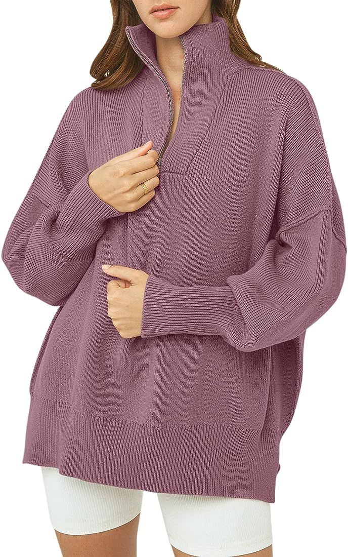 ANRABESS Women's Long Sleeve 1/4 Zipper Collar Drop Shoulder Oversized Slouchy Sweatshirt Pullover S | Amazon (US)