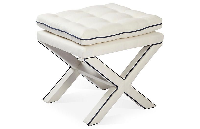 Dalton Pillow-Top Ottoman, White/Navy | One Kings Lane