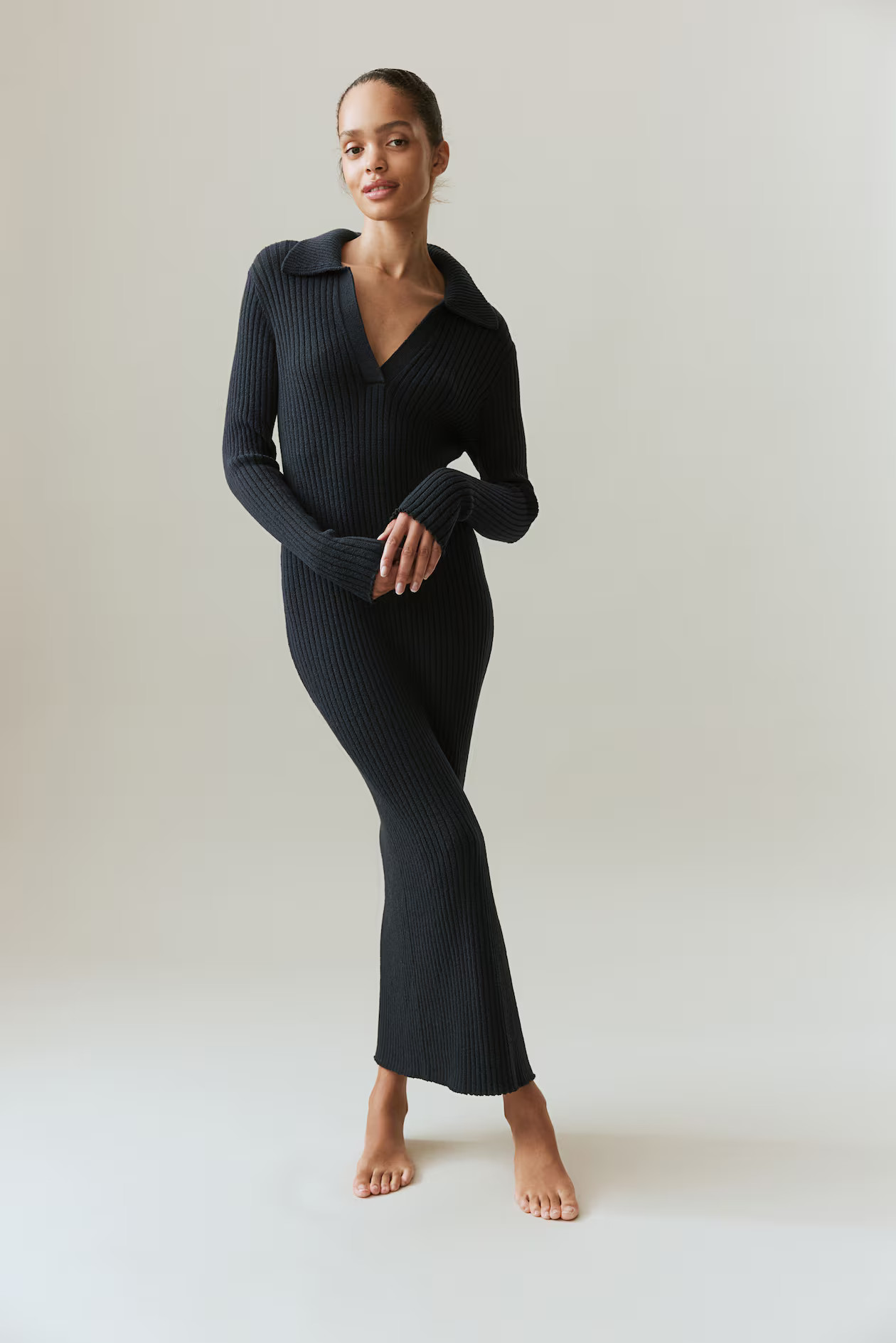 Rib-knit collared dress - Black - Ladies | H&M GB | H&M (UK, MY, IN, SG, PH, TW, HK)