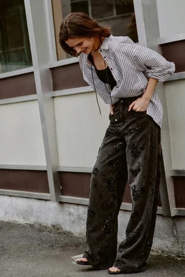 Star Hand Beaded Rose Embellishment Straight Leg Jeans in Beaded Cotton Denim | Fabrique