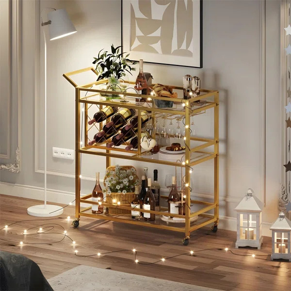 Bar Cart For The Home, 3 Tier Drink Cart With Lockable Wheels, Rack And Glass Holders, Liquor Serving Cart For Kitchen Dining Livingroom, 13.98 X 35.47 X 36.30, Gold | Wayfair North America