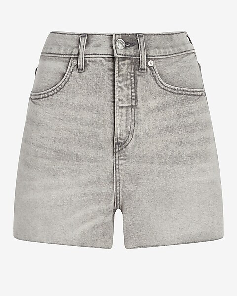 Super High Waisted Gray Wash Raw Hem Jean Mom Shorts | Express