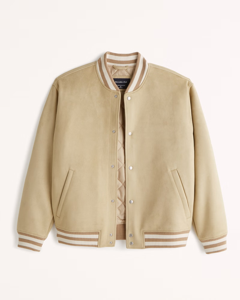 Men's Vegan Suede Varsity Bomber Jacket | Men's Coats & Jackets | Abercrombie.com | Abercrombie & Fitch (US)