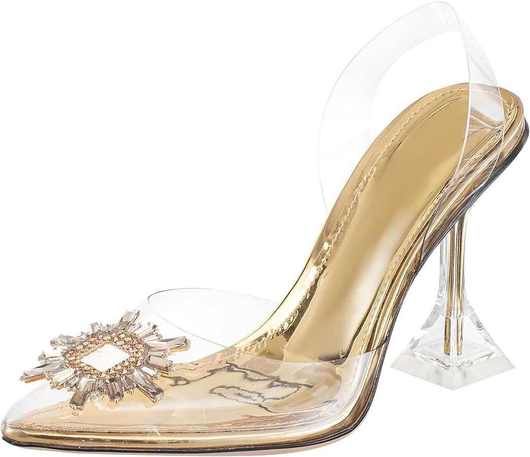Clear Heels For Women,Crystal Rhinestones Slingback Wedding Shoes,Pointed Toe High Heel Womens Sa... | Amazon (US)