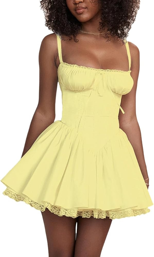 Eternatastic Women's Lace Mini Corset Dress Sleeveless Square Neck Bustier A-line Dresses | Amazon (US)