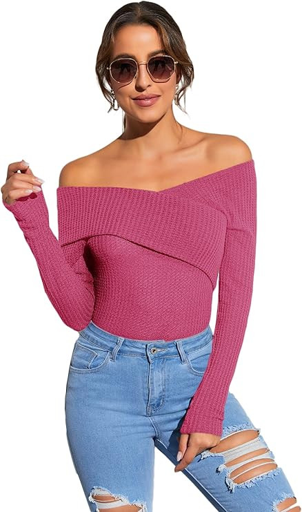 Romwe Women's Casual Cross Off Shoulder Deep V Neck Ribbed Knit Slim Wrap Tee Shirt Blouse | Amazon (US)