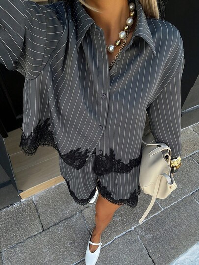 Siren Gaze Urban Casual Lace Asymmetric Hem Patchwork Striped Short Shirt And Shorts Set, Black L... | SHEIN