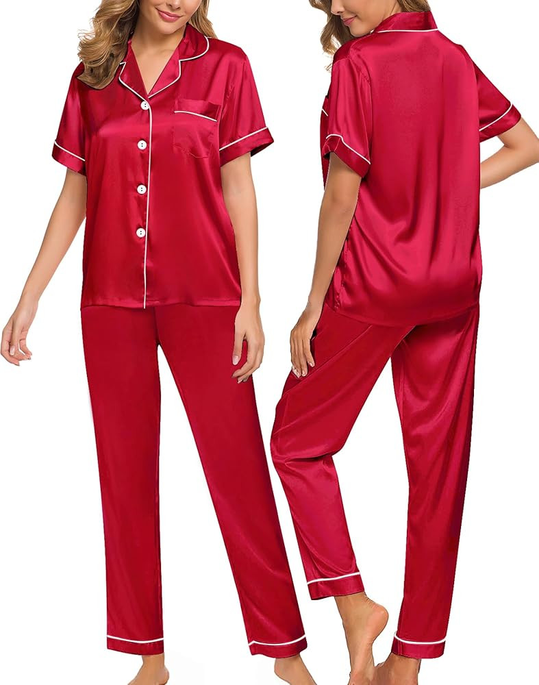 SWOMOG Women Satin Pajamas Set Short Sleeve Top & Pants Sleepwear Silky Button Down Nightwear 2pc... | Amazon (US)