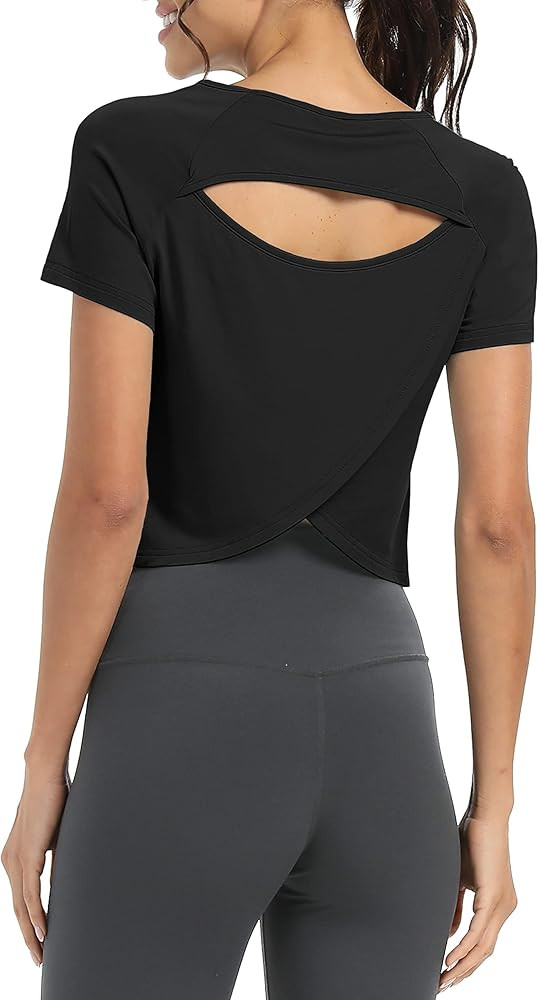 Bestisun Women Short Sleeve Cross Back Workout Crop Tops Backless Yoga Athletic Gym Shirts | Amazon (US)