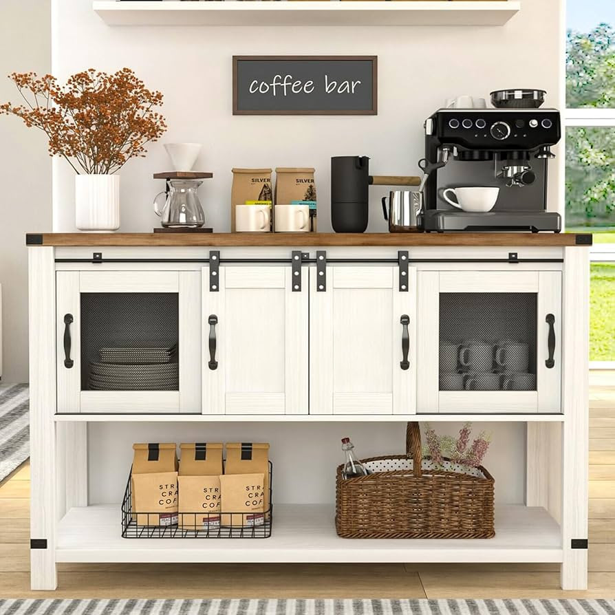 Farmhouse Coffee Bar Cabinet with Storage, 47’’ Coffee Bar Table with Sliding Barn Door, Kitc... | Amazon (US)