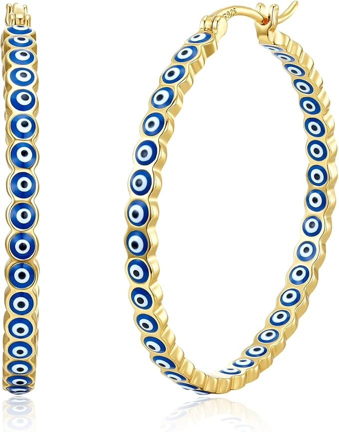 Evil Eye Hoop Earrings for Women 925 Sterling Silver Post Multcolors Cubic Zirconia Gold Plated H... | Amazon (US)