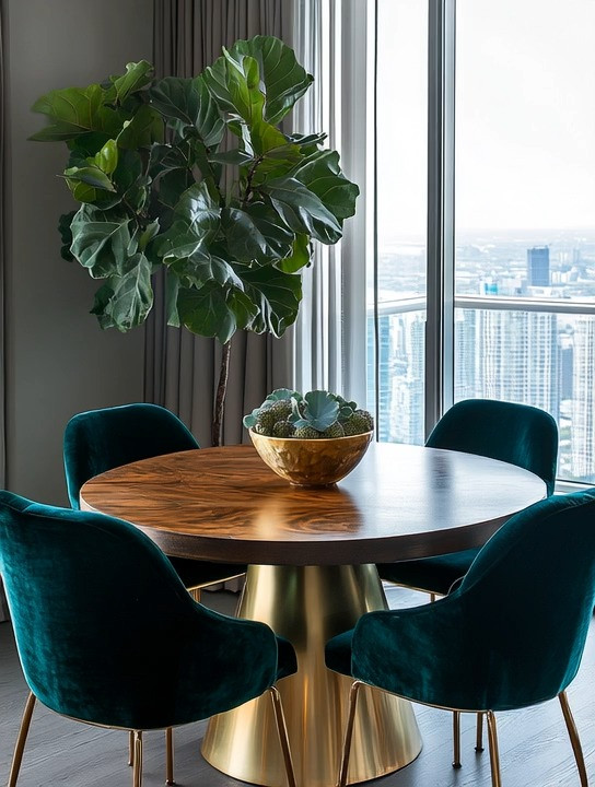 Set up this beautiful, rich-toned dining space where elegance and warmth meet modern design. A round dining table instantly softens the room, creating flow and intimacy, while emerald velvet dining chairs add depth, comfort, and a luxurious presence without overwhelming the space. The gold pedestal base and subtle gold accents bring in just the right amount of glow, reflecting light beautifully throughout the room.

Complete the look with a statement plant placed in a gold planter to introduce greenery, balance, and a sense of calm. This combination of deep jewel tones, natural wood, and metallic finishes feels modern yet timeless—effortlessly blending mid-century influences with contemporary high-rise living. Whether you’re entertaining guests or enjoying everyday meals, this dining setup feels intentional, elevated, and quietly luxurious.

#ModernDiningRoom #EmeraldVelvet #MidCenturyModern 

 #LTKHome