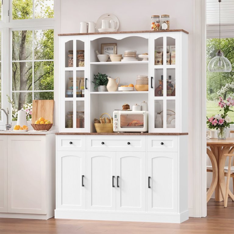 Homfa 74.8'' Tall Kitchen Pantry Cabinet with Glass Doors, Large Hutched Storage Cabinet with 4 A... | Walmart (US)