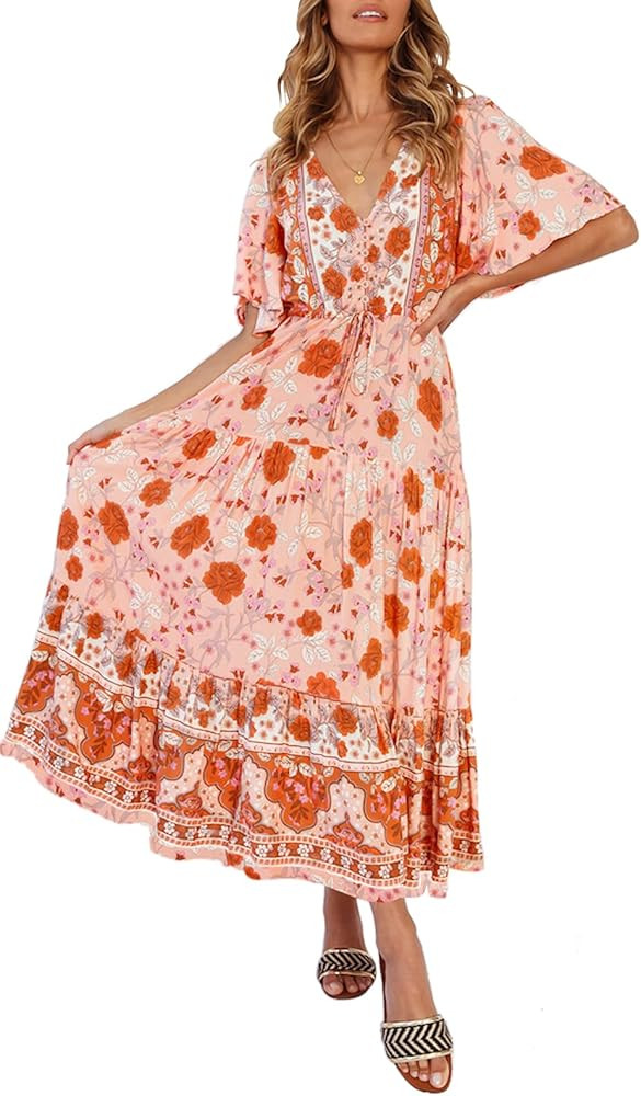 ZESICA Women's Bohemian Floral Print Sexy V Neck Short Sleeve Flowy Beach Party Maxi Dress | Amazon (US)